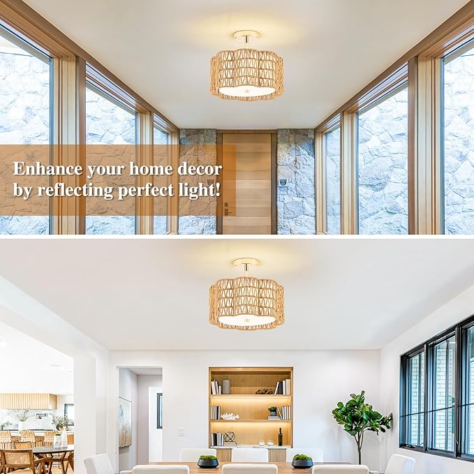 Tbaoinla✿ 13.8＂ Handwoven 3-Light Rattan Ceiling Light | Boho Flush Mount for Bedroom & Nursery, Natural Fiber Basket Light Fixture, Gold Light Fixture