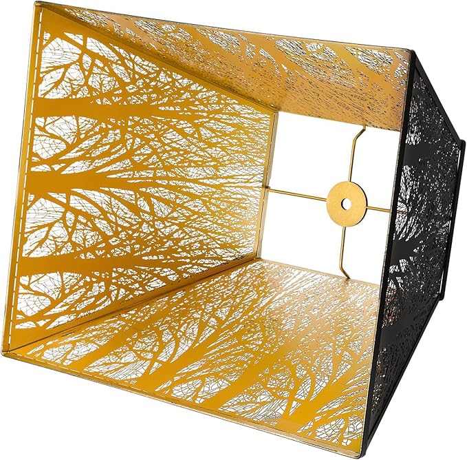 Large Metal Lampshade New Pyramid Shape Design 8'' Top 14'' Bottom 11'' Height ALUCSET Square Bell Shade Lamp Shade Forest Design Black and Gold fits for Table Lamps and Floor Lamps