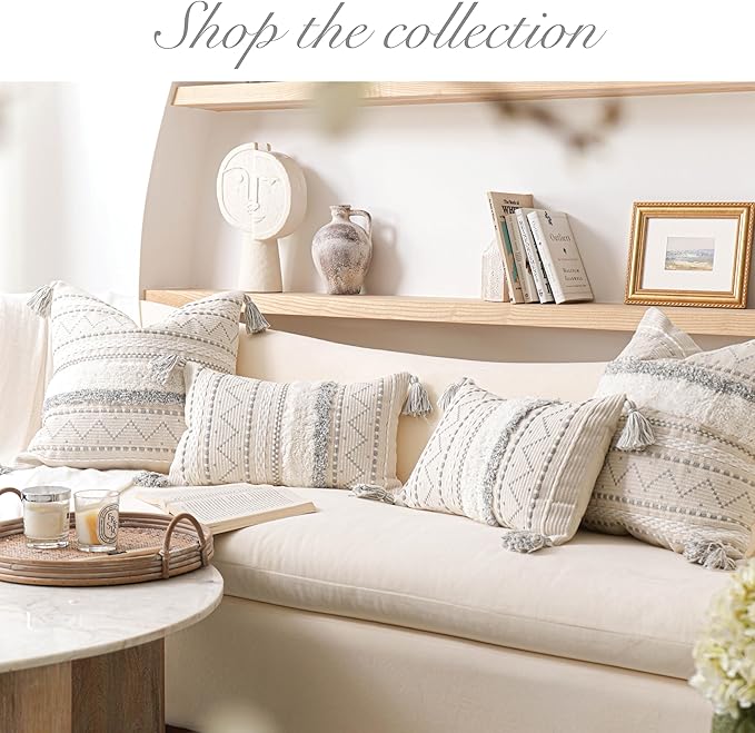 BlissBlush Gray Decorative Throw Pillow Cover 18x18 Square Boho Neutral White Accent Pillowcase Tassels Farmhouse Cushion for Couch Sofa Bedroom Living Room Home Décor (Cover ONLY, Pack of 1)