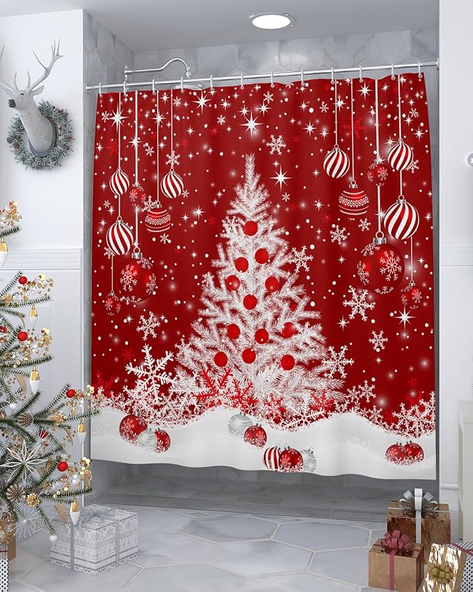 Vandarllin Red Christmas Shower Curtain, White Xmas Tree Snowflakes Red Balls Shower Curtains Set with Hooks, Winter Waterproof Fabric Bathroom Curtains Decor Home Accessories,66 X 72 Inch Long