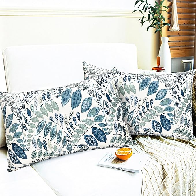 Decorative Throw Pillow Covers Set of 2 Blue Green Small Leaves Pillow Covers 12x20 inch Soft Short Plush Square Floral Throw Pillows,Farmhouse Outdoor Pillow Covers for Couch Living Room