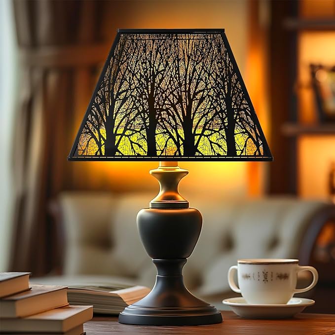 Large Metal Lampshade New Pyramid Shape Design 8'' Top 14'' Bottom 11'' Height ALUCSET Square Bell Shade Lamp Shade Forest Design Black and Gold fits for Table Lamps and Floor Lamps