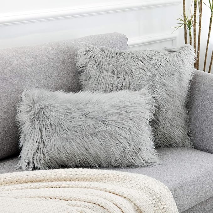 WLNUI Set of 2 Light Grey Christmas Decorative Pillow Covers New Luxury Series Merino Style Faux Fur Fluffy Throw Pillow Covers Fuzzy Cushion Case for Sofa Bedroom Living Room Home Decor 18x18 Inch