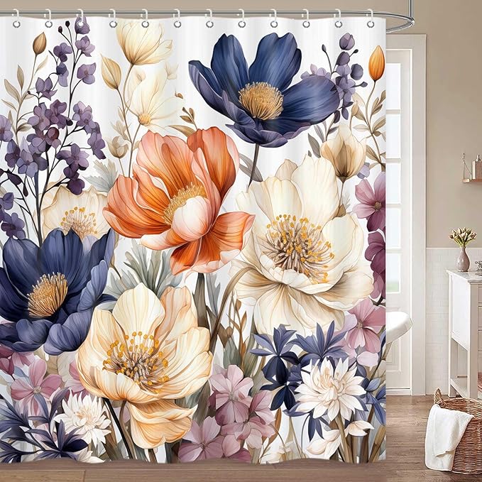Boho Floral Shower Curtain, Elegant Flower Shower Curtains for Bathroom, Modern Colorful Chic Bathroom Decor Washable Durable Fabric Set with Hooks 72x72 Inch