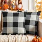 MIULEE Halloween Pack of 2 Farmhouse Buffalo Check Plaids Linen Throw Pillow Covers Soft Soild Decorative Home Decor Outdoor Cushion Case for Sofa Bedroom 18 x 18 Inch, Black and White