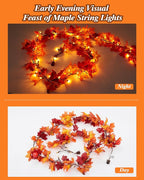 VCOKEN 11FT Fall Garland With Lights - 50 Bulbs Connectable Maple Leaves With Pumpkin, Plug-in Decor for Outdoor Indoor Halloween Thanksgiving Holidays