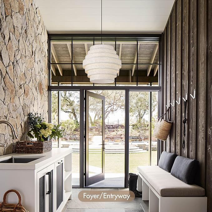 16 Inch Modern Chandelier with Tiered Linen Drum Shade – Hanging Pendant Light Fixture for Dining Room, Kitchen Island, Farmhouse Table, Living Room, Entryway, Ceiling Mount Lamp
