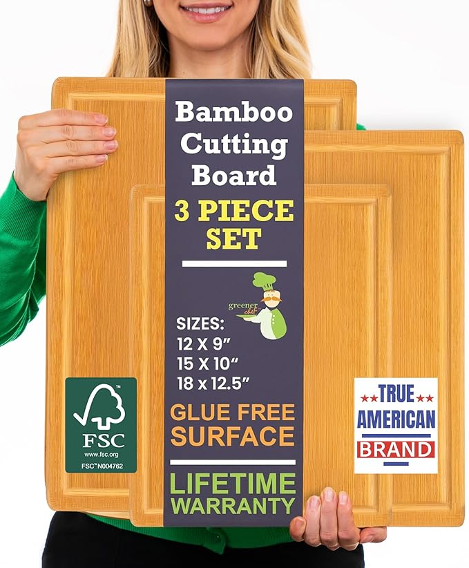 Glue-Free Surface™ Extra Large Bamboo Cutting Board Set – For Chopping Vegetables, Carving Meat, Slicing Bread, and Serving Cheese & Charcuterie for Safer Family Meal Prep – For Health Conscious Chefs