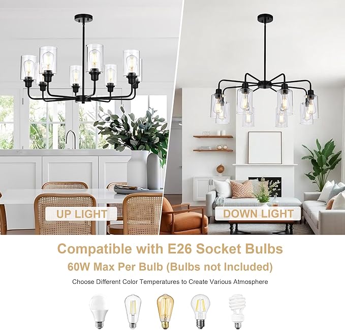 8-Light Modern Black Chandelier with Clear Glass Shades, E26 Base Farmhouse Pendant Light Fixture, Adjustable Swivel Heads Ceiling Lighting, Industrial Chandelier for Dining Room Kitchen Hallway