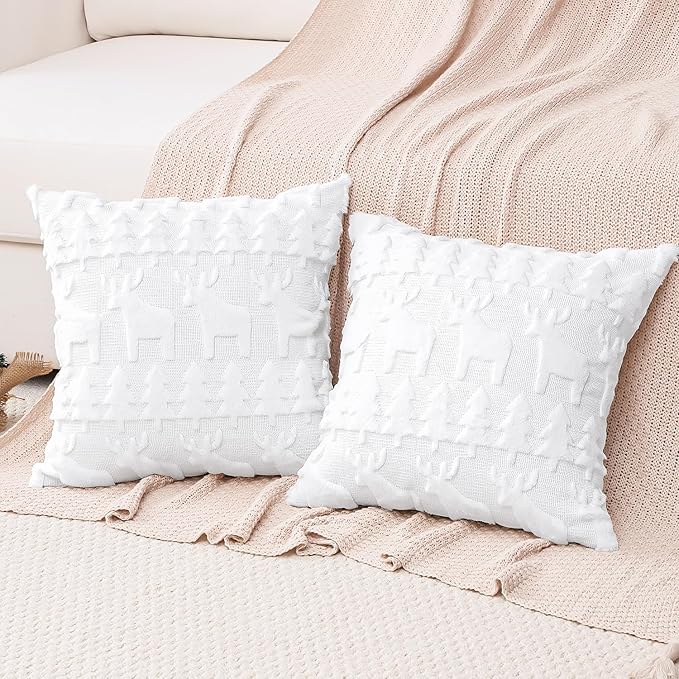 OTOSTAR Set of 2 Xmas Soft Plush Short Wool Velvet Decorative Throw Pillow Covers Square Luxury Style Cushion Case Pillow Shell for Sofa Bedroom Christmas Tree and Elk White, 16x16 Inch