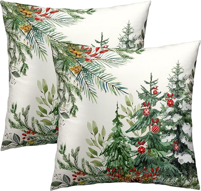 Christmas Tree Throw Pillow Covers 18x18 Set of 2, Xmas Pine Trees Bells Winter Holiday Farmhouse Decorative Pillow Cases Cotton Cushion Cover for Home Room Bed Sofa Couch Chair