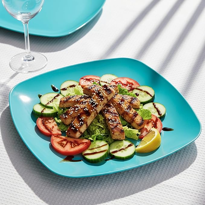 TP 10.5" Melamine Square Dinner Plates, 6-piece Plate Set Unbreakable Serving Dishes for Indoors and Outdoors, Unbreakable Dinner Service for 6, Teal