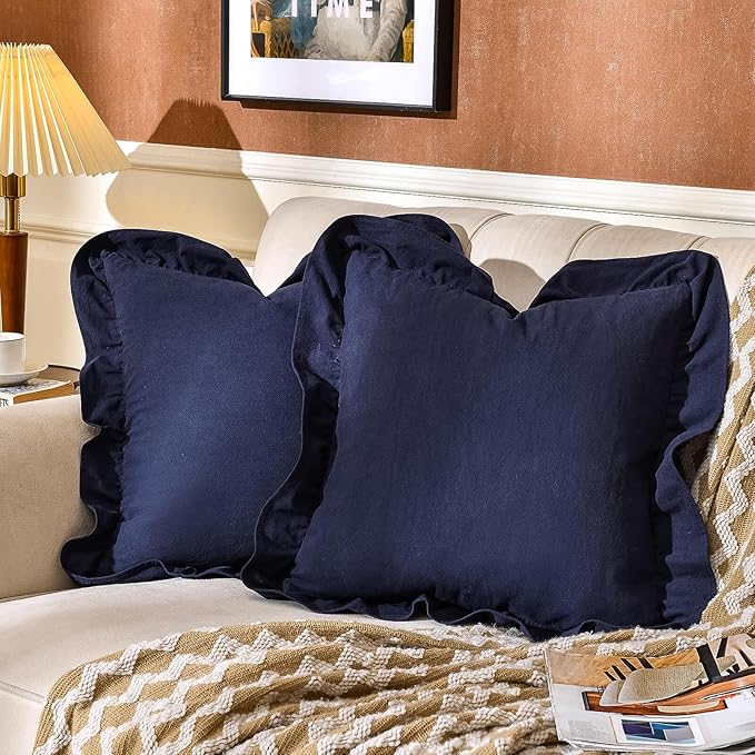 AmHoo Pack of 2 Throw Pillow Covers 100% Cotton Pre Washed Ruffle Decorative Pillowcase Cushion for Couch Sofa Bedroom 20 x 20-Inch Navy Blue