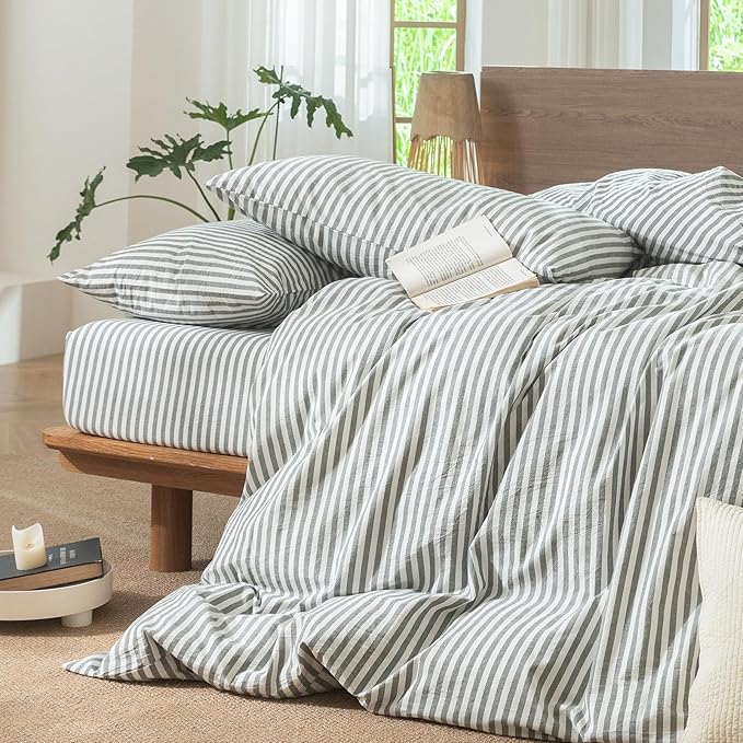 MooMee Striped Duvet Cover Set 100% Washed Cotton Linen Like Textured Breathable Durable Soft Comfy (Heathered Green Classic Stripes, Full 80"x90")