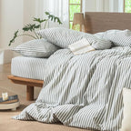 MooMee Striped Duvet Cover Set 100% Washed Cotton Linen Like Textured Breathable Durable Soft Comfy (Heathered Green Classic Stripes, Super Queen 90"x98")