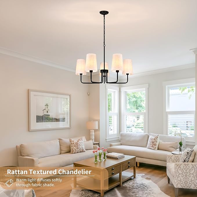 28" Black Boho Farbric Chandelier for Living Room 5-Light Coastal Farmhouse Chandeliers for Dining Room Adjustable Rustic Boho Pendant Light Fixture Bedroom Kitchen Island Entryway Foyer