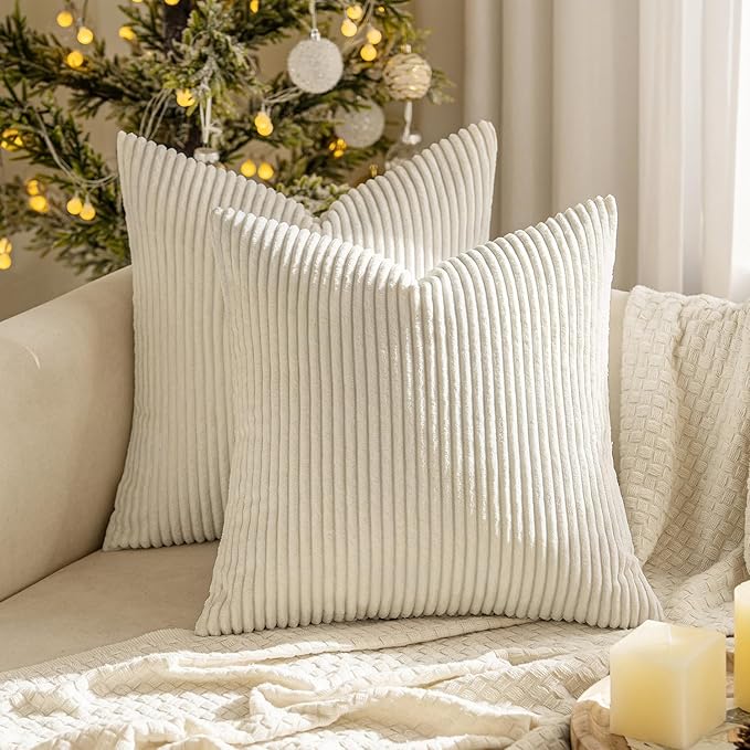 MIULEE Winter 24x24 Pillow Covers Set of 2 Soft Striped Corduroy Euro Pillow Shams for Couch Living Room Sofa Car 24 x 24 Inch Cream White