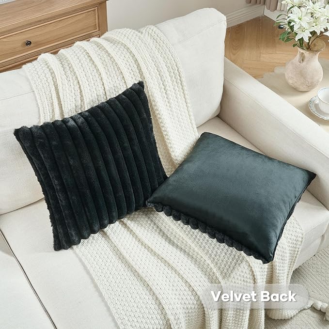 FUTEI Black Striped Decorative Throw Pillow Covers 20x20 Inch Set of 2,Square Winter Decorations Couch Pillow Case,Soft Cozy Faux Rabbit Fur & Velvet Back,Modern Home Decor for Bed