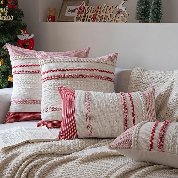 Christmas Pillow Covers 18x18 Inch Set of 2, Red Textured Boho Christmas Decorative Couch Pillow Cases for Farmhouse Home Decor, Accent Cushion Cover for Sofa, Bed, Living Room, Bedroom