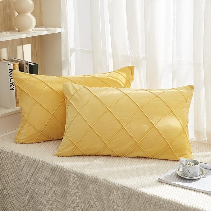 JAUXIO Diamond Pinch Pleated Crystal Velvet Pillowcases 2 Pack Solid Pintuck Throw Cushion Cover for Home Decor Hidden Zipper Closure (Yellow, King)