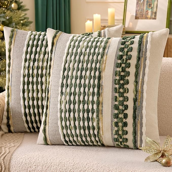 ANRODUO Pack of 2 Boho Decorative Throw Pillow Covers 18x18 Farmhouse Cushion Case Striped Chenille Pillow Cases Square Pillow Covers Accent Neutral Pillowcase for Sofa Couch Bed, Olive Green Stripe