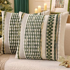 ANRODUO Pack of 2 Boho Decorative Throw Pillow Covers 18x18 Farmhouse Cushion Case Striped Chenille Pillow Cases Square Pillow Covers Accent Neutral Pillowcase for Sofa Couch Bed, Olive Green Stripe
