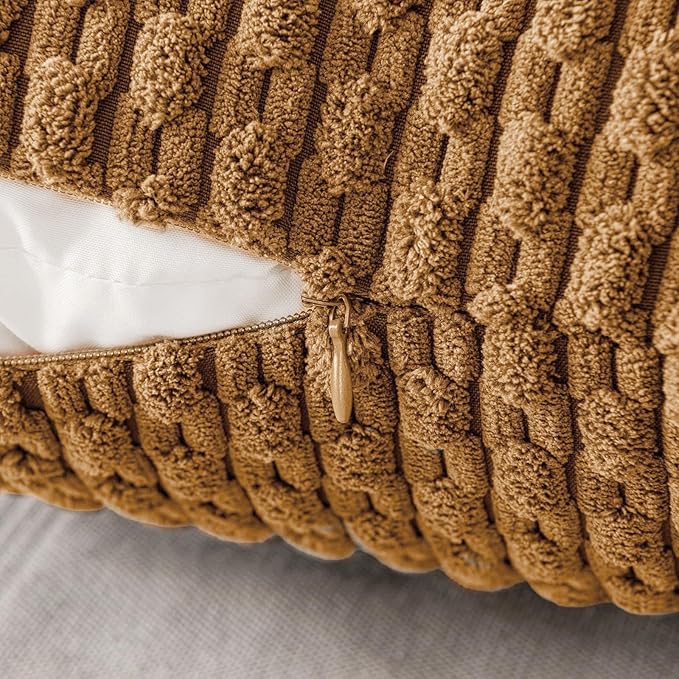 MIULEE Pack of 2 Decorative Throw Pillow Covers 18x18 Inch Soft Boho Striped Textured Corduroy Pillow Covers Modern Farmhouse Home Decor for Couch Bed Sofa Living Room Light Coffee