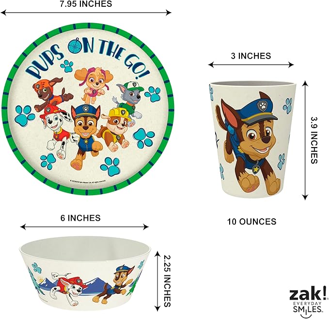 Zak Designs PAW Patrol Kids Dinnerware Set 3 Pieces, Durable and Sustainable Melamine Bamboo Plate, Bowl, and Tumbler are Perfect For Dinner Time With Family (Chase, Marshall, Skye & Friends)