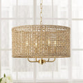 Rattan Drum Chandeliers for Dining Room, 4-Light Bohemian Hand-Woven Farmhouse Pendant Light Dining Room Light Fixture Chandelier for Entryway Living Room Kitchen Stairway Bedroom Hallway(Gold)