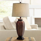 Regency Hill Tropical Natural Cottage Jar Table Lamps 29" Tall Set of 2 Weathered Brown Woven Wicker Beige Linen Fabric Drum Shade Decor for Living Room Bedroom House Bedside Nightstand Home