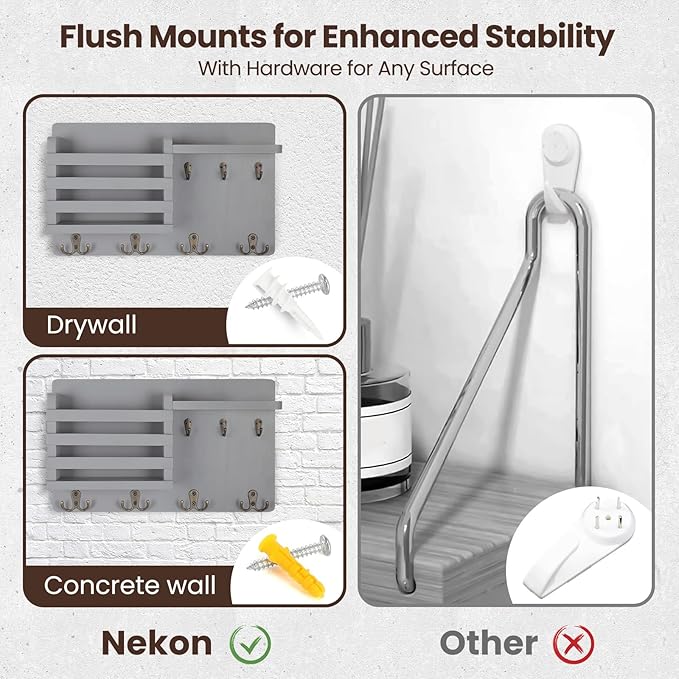 Nekon Mail Holder for Wall Mail Organizer with Key Hooks Hallway Farmhouse Decor Letter Sorter with Floating Shelf (16.8Inch x 10Inch x 3.2Inch) (Gray)