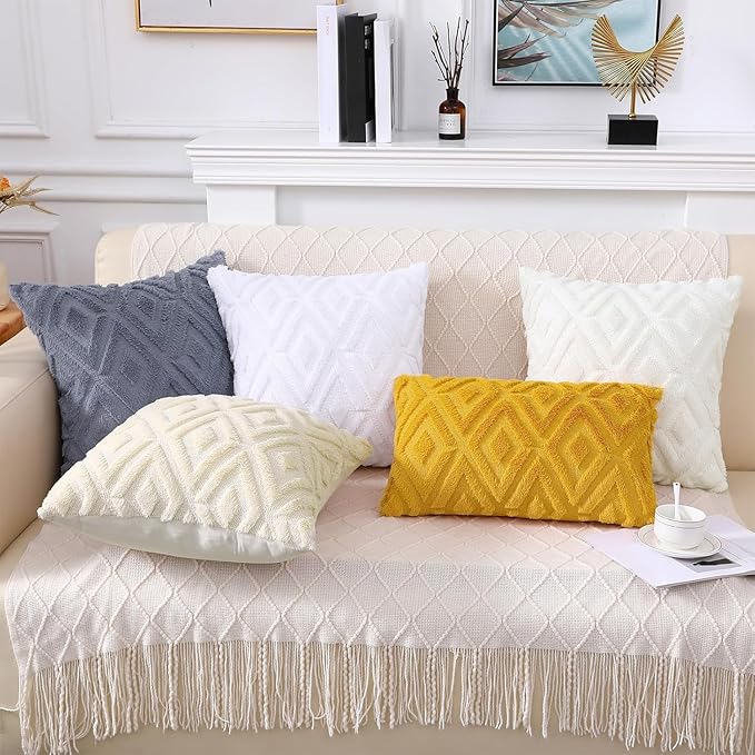 Pallene Blue Grey Throw Pillow Covers 12x20 Set of 2, Soft Plush Faux Fur Decorative Lumbar Couch Pillow Covers for Sofa Bed Living Room Pillow Cases with 3D Diamond Pattern