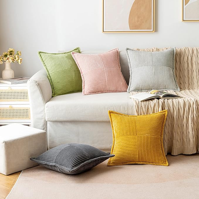 MIULEE Decorative Throw Pillow Covers for Couch Bed Livingroom 16x16 Inch Set of 2 Green Boho Accent Throw Pllows Broadside Striped Patchwork Soft Corduroy Summer Pillowcases