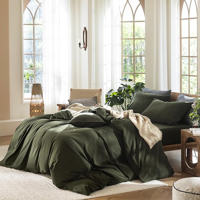 MooMee Bedding Duvet Cover Set 100% Washed Cotton Linen Like Textured Breathable Durable Soft Comfy (Solid Olive Green, Palatial King/Oversized King 120"x98")