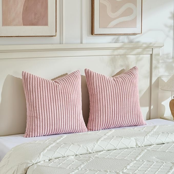 Fancy Homi Set of 2 Blush Pink Boho Decorative Throw Pillow Covers 24x24 Inch for Couch Bed Sofa, Aesthetic Modern Bohemian Room Decor, Soft Fuzzy Fluffy Cozy Corduroy Textured Cushion Case 60x60cm