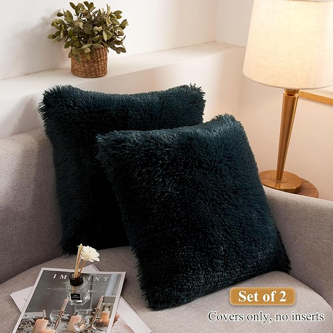 XeGe Faux Fur Throw Pillow Covers, Shaggy Fluffy Cushion Covers, Plush Furry Pillow Cases, Fuzzy Decorative Pillow Shams with Zipper Set of 2 for Sofa Bed Couch Living Room (18''x18'', Dark Green)