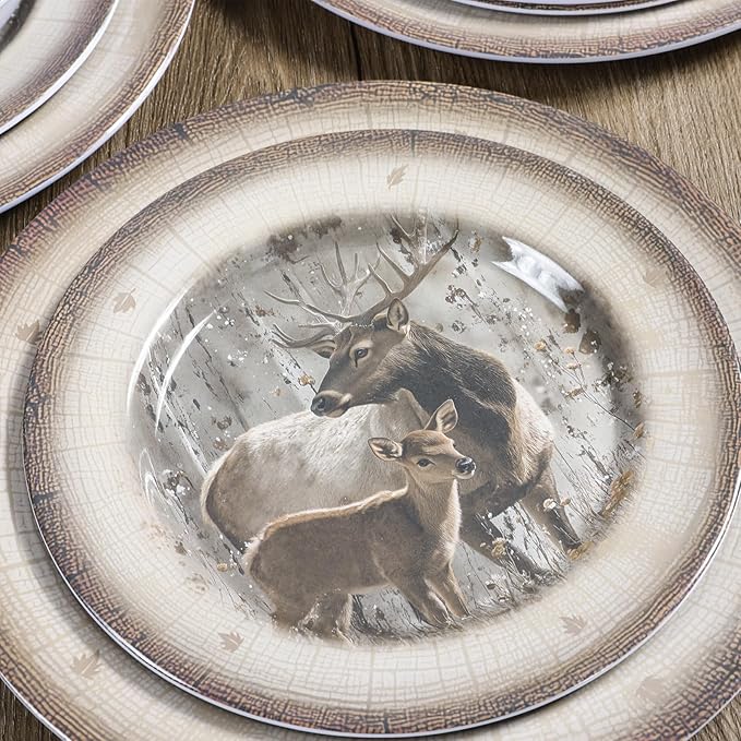 Melamine Dinnerware set for 4 - Dinner Plates Bowls Set 12 PCS Durable BPA Free Dishwasher Safe Shatter-Proof Chip Resistant for Indoor Outdoor, Deer