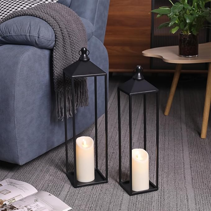 22'' 19'' Large Lanterns Decorative Outdoor Indoor, Set of 2 Black Metal Candle Lanterns Halloween Lanterns Modern Farmhouse Floor Lanterns Decorative for Home Decor, Mantle, Patio, Porch, Garden