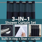 Extra Long No Hook Shower Curtain with Snap in Liner Set, Hotel Luxury Black Fabric Shower Curtains for Bathroom with See Through Top Window, Washable, Waterproof 71W x 84H