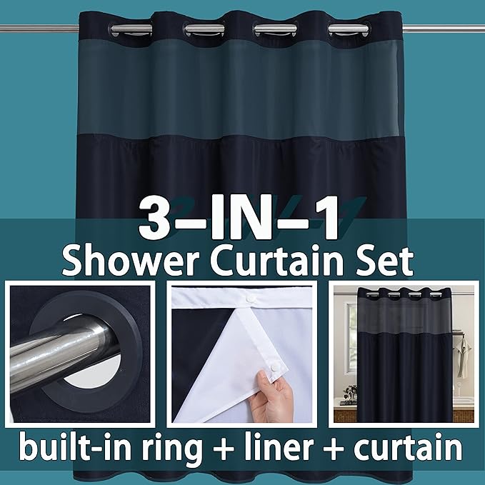 Extra Long No Hook Shower Curtain with Snap in Liner Set, Hotel Luxury Black Fabric Shower Curtains for Bathroom with See Through Top Window, Washable, Waterproof 71W x 84H