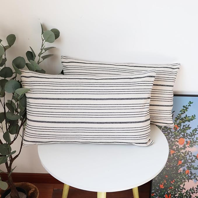 Black Lumbar Pillow Covers Farmhouse Linen Throw Pillow Covers Pack of 2 Striped Outdoor Decorative Throw Pillows for Couch Sofa Bed 12 x 20IN Black and Cream