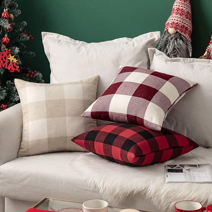 MIULEE Pack of 2 Christmas Classic Farmhouse Buffalo Check Plaids Polyester Linen Soft Solid Black and Red Decorative Porch Throw Pillow Covers Home Decor Cushion Cases for Sofa Bedroom 24 x 24 Inch