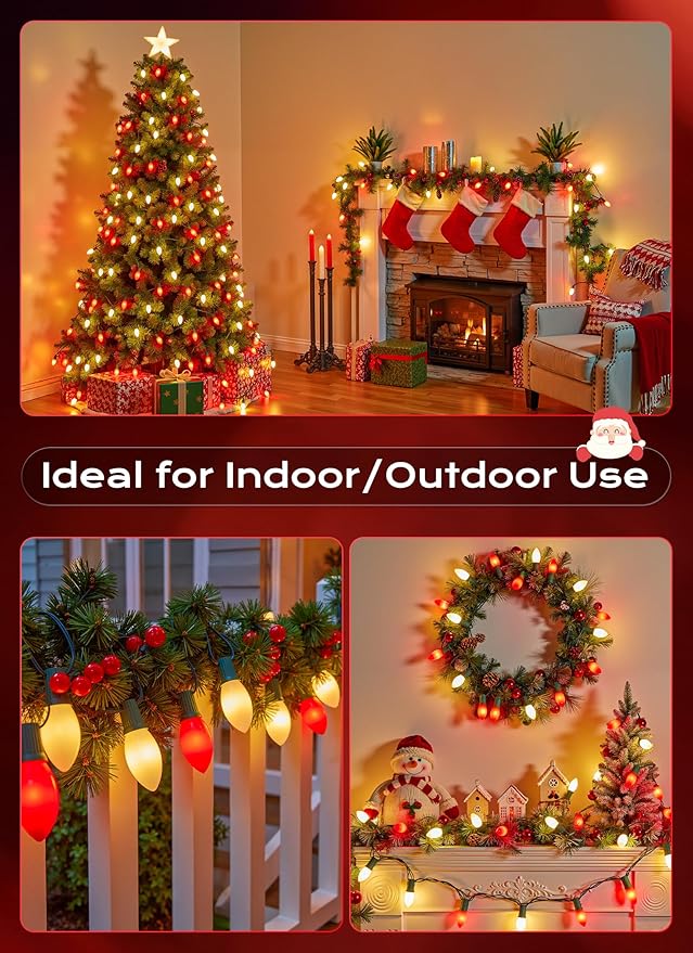 C9 LED Christmas Lights Outdoor, 50 FT 50 Red and Warm White Connectable C9 String Lights for Christmas Tree Patio Roofline Garden Backyard Holiday Party Indoor Outdoor Decoration, Green Wire
