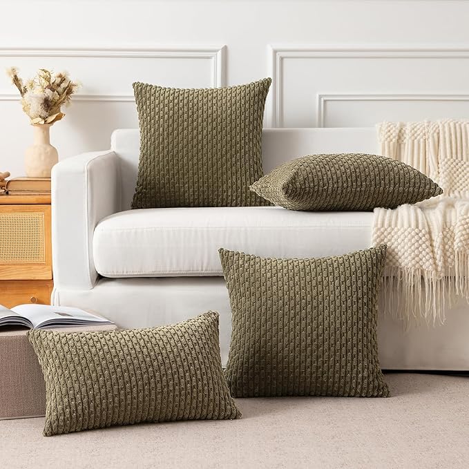 Kevin Textile Pack of 2 Corduroy Decorative Throw Pillow Covers 24x24 Inch Soft Boho Striped Pillow Covers Modern Farmhouse Home Decor for Sofa Living Room Couch Bed Olive Green