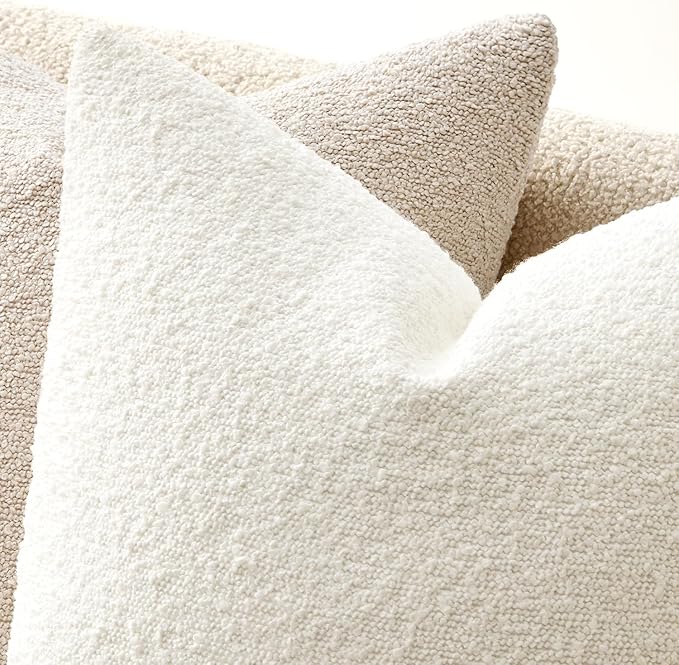 ANRODUO Pack of 2 Textured Boucle Throw Pillow Covers Soft White Decorative Accent Solid Pillow Cases Cozy Modern Couch Cushion Case for Chair Sofa Bedroom Living Room Home Decor, 20 x 20 Inch