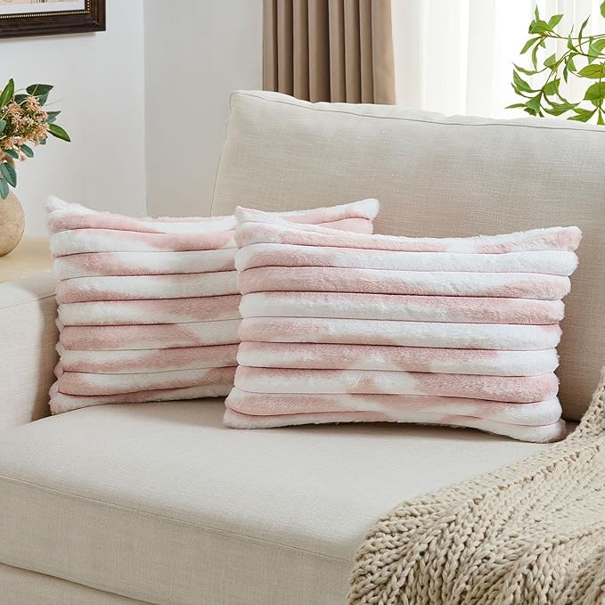 FUTEI Pink Decorative Throw Pillow Covers 12x20 Inch Set of 2, Soft Tie-Dye Faux Rabbit Fur Striped Texture Pillow Case, Modern Home Decor for Couch Bed Living Room