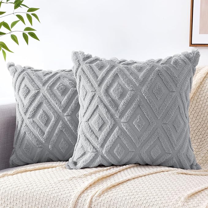 Pallene Grey Throw Pillow Covers 20x20 Set of 2, Soft Plush Faux Fur Decorative Couch Pillow Covers for Sofa Bed Living Room Pillow Cases with 3D Diamond Pattern