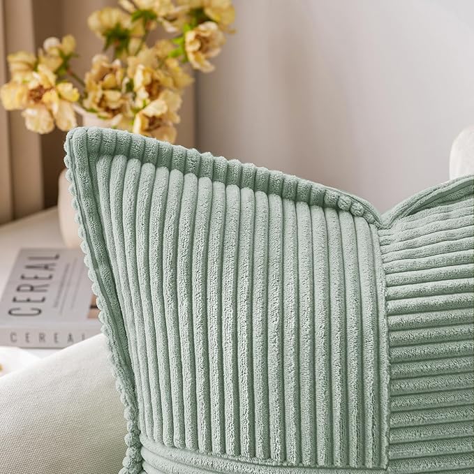 MIULEE Decorative Lumbar Throw Pillow Covers for Couch Bed Livingroom 12x20 Inch Set of 2 Greyish Green Boho Accent Throw Pllows Broadside Striped Patchwork Soft Corduroy Summer Pillowcases