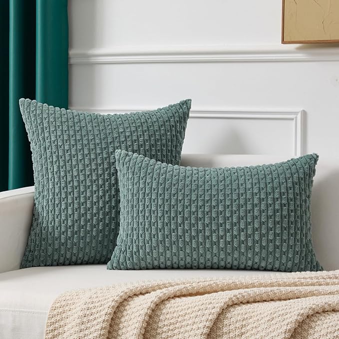 Kevin Textile Decorative Pillow Covers Set of 2 Striped Plush Corduroy Pillows Pillowcases Boho Home Decor Cushion Covers for Couch Sofa Bed Living Room 22x22 Inch, Teal Green