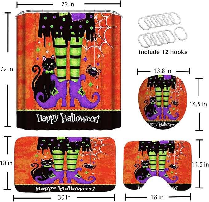 Halloween Bathroom Decor Set with Shower Curtain and Rugs, 4-Piece Witch Legs and Cat Design, Waterproof Polyester Curtain with Non-Slip Mats, Spooky Bath Set for Halloween Party